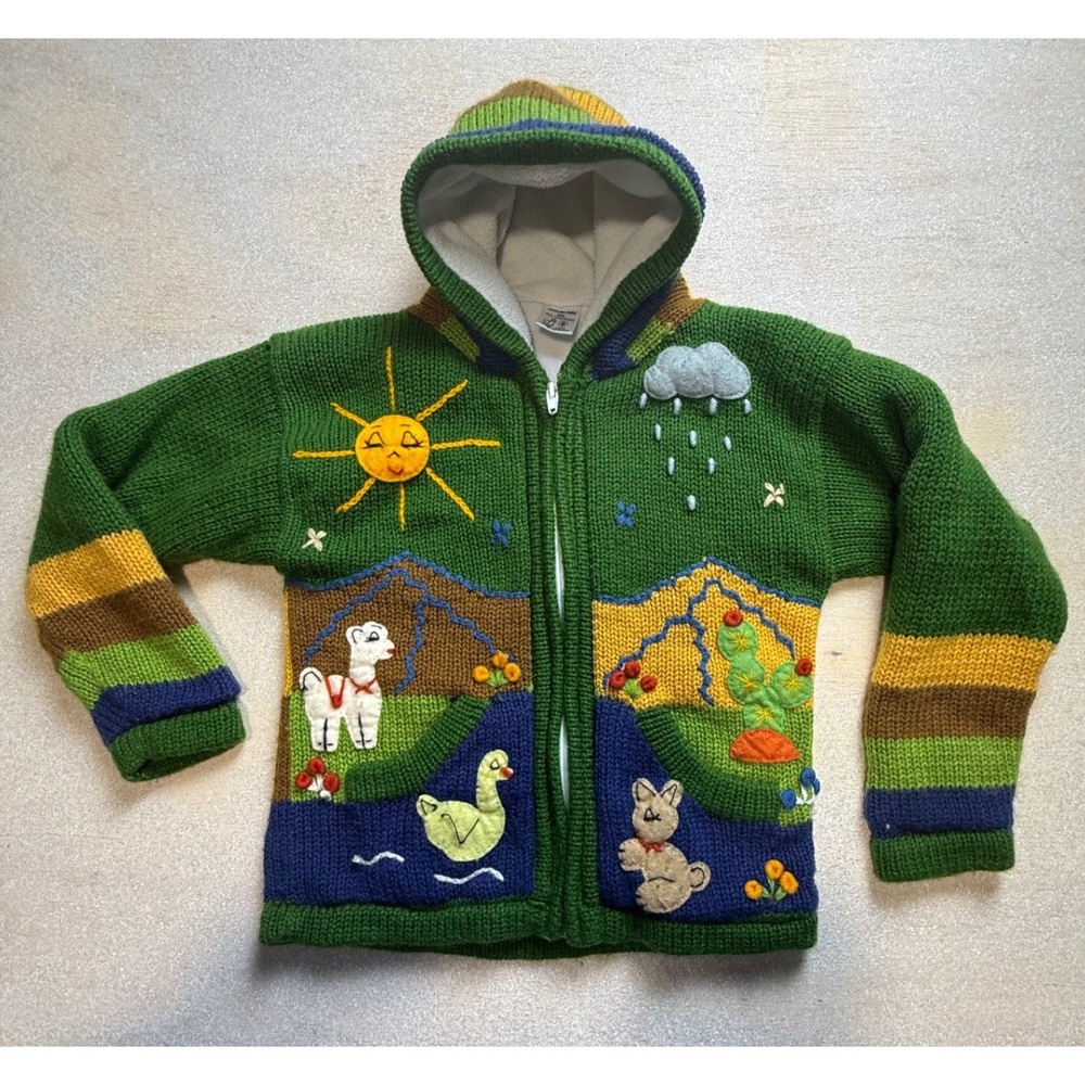 Kenelma Peru Kids Embroidered Knit Hooded Sweater Green Llama Sun Size 8-2365